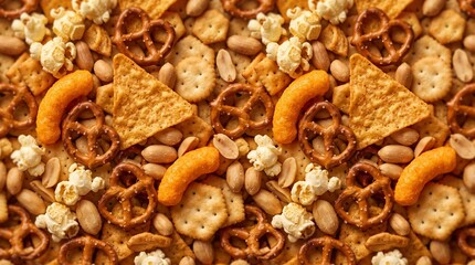 Fototapeta premium Party Snack Mix Seamless Pattern Background with Popcorn Pretzels Nacho Chips and Cheese Puffs