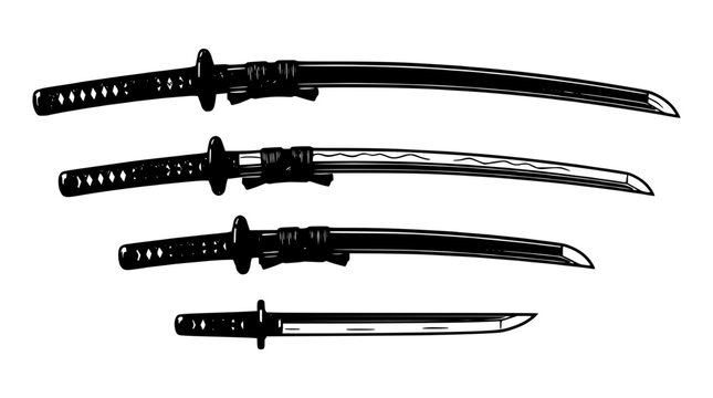 Swords with Intricate Handles and Curved Blades in a Traditional Japanese Style Featuring Sword, Katana, Wakizashi with Tantō