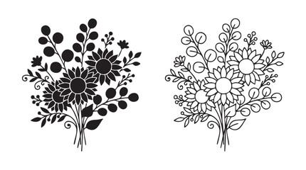 sunflowers and eucalyptus black silhouette outline art vector icon design black black silhouette and outline art vector icon © Shamsul