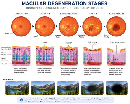 Macular Degeneration Stages &ndash; AMD Progression Medical Infographic of Retina and Vision Loss