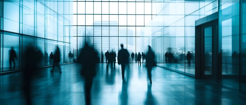 Blurred figures of people walking in a modern office building with large glass windows and a bright, cool-toned interior. The motion blur suggests movement and a bustling atmosphere