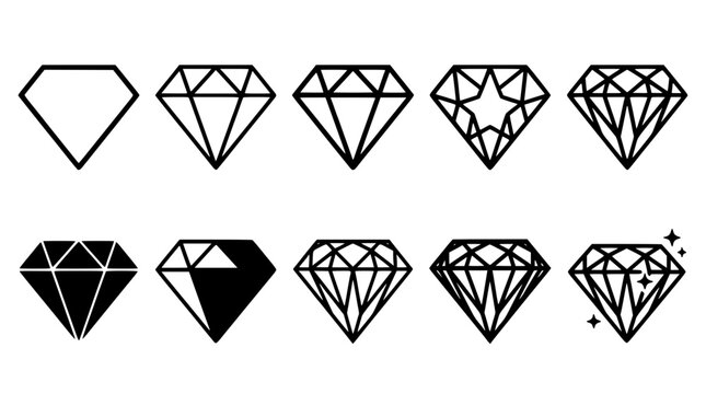 Diamonds with Various Cuts and Designs in a Set of Ten Illustrations Featuring Diamond, Gem, Cut with Design and Illustration