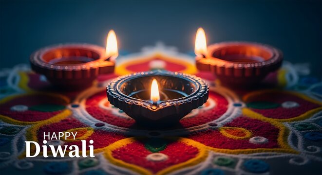 Traditional clay diya oil lamps glowing on a colorful rangoli pattern for the hindu festival of diwali