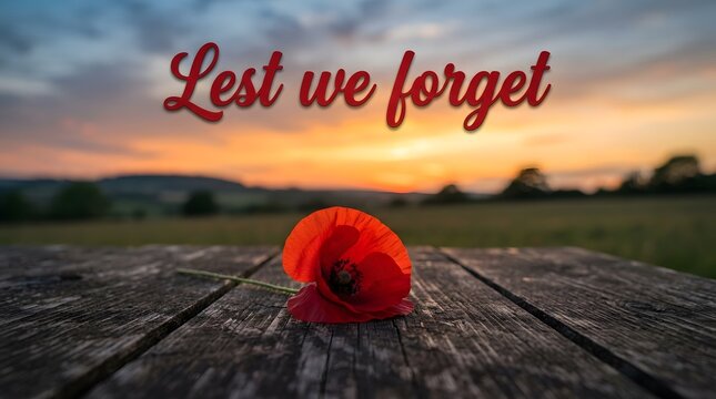 A single red poppy flower sitting on a wooden surface with a sunset background and lest we forget text