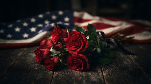 A bouquet of deep red roses resting on a rustic wooden table with an american flag background