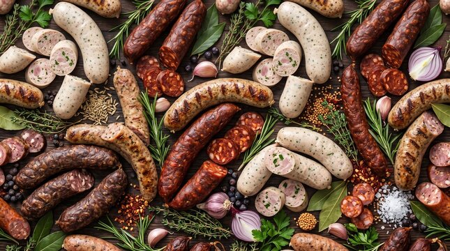 European Artisan Sausage Seamless Pattern Background with Bratwurst Weisswurst and Smoked Links