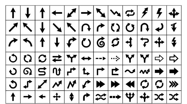 Symbols Featuring Arrows, Shapes, and Mathematical Signs in a Grid Layout Featuring Design, Icons, Vector with Illustration