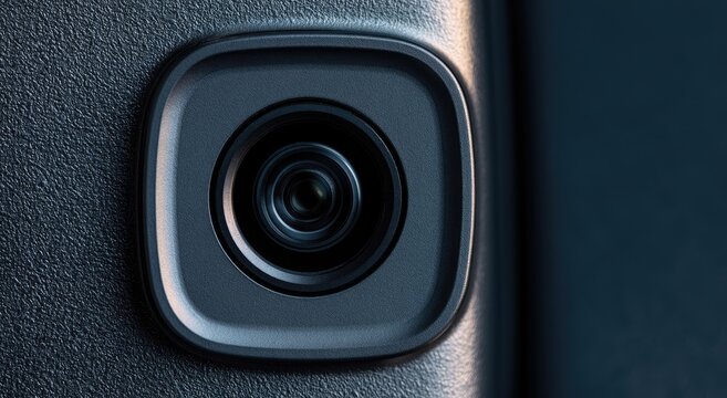 Close-up of a modern, square camera lens embedded in a textured surface