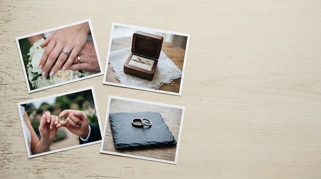 A collection of beautiful wedding day photos focusing on the wedding rings of a happy husband and wife symbolizing their eternal love and commitment. husband and wife wedding day photos of wedding