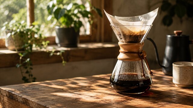 Chemex glass coffee maker brewing filter coffee on a sunny wooden table.