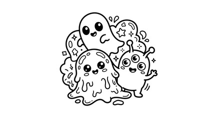 Fototapeta premium Cute Kawaii Monsters Doodle Art, Ghost, Blob, Alien Characters