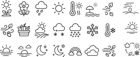 Obraz premium Weather and season line icons set, 24 meteorology vector symbols, climate forecast and nature cycle elements for mobile apps and web design ,Clean grouped each Icon