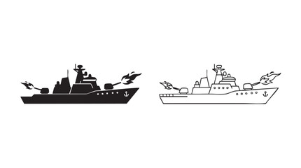 Obraz premium warship firing black silhouette and outline art vector icon featuring cannon, navy