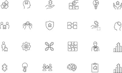 Fototapeta premium Puzzle line icons set, problem solving and teamwork concept symbols, 24 linear vector elements idea, collaboration, connection, challenge, mind,business strategy and logic ,Clean grouped each Icon