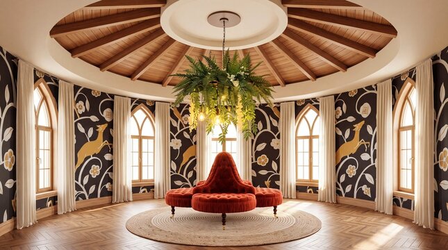 Whimsical Round Vestibule with Tufted Velvet Borne Settee, Arts and Crafts Deer Wallpaper and Sunburst Vaulted Ceiling