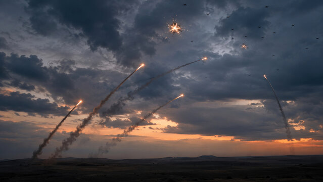 Missile Launches and Drone Swarm in Stormy Sky at Dusk
