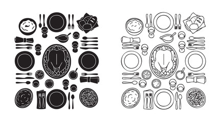 Obraz premium thanksgiving christmas dinner table black silhouette and outline art vector icon set