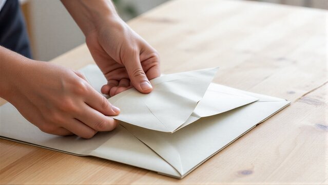Hands fold paper into envelope on wooden table, gentle and precise.