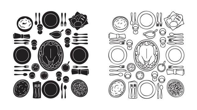 thanksgiving christmas dinner table black silhouette and outline art vector icon set