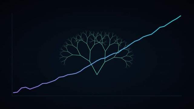 Fractal tree growth chart and rising financial line graph animation for business data analysis and digital strategy concepts 4k