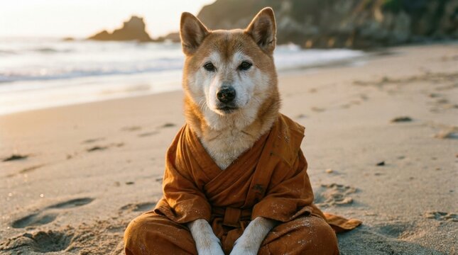 A wise Shiba Inu dog dressed in traditional orange monk robes sitting peacefully on a sandy beach at sunset