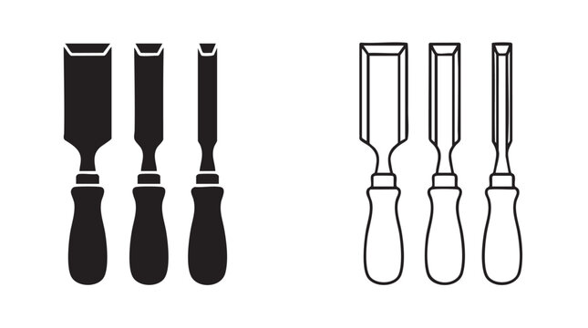 woodworking chisels black silhouette outline art vector icon set black silhouette black silhouette and outline art vector icon