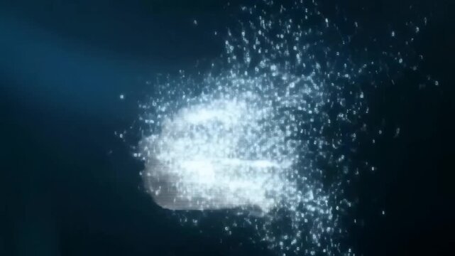 Time lapse wireframe skull disintegrating into glowing particles in dark studio environment with drifting dust and mesh breakup