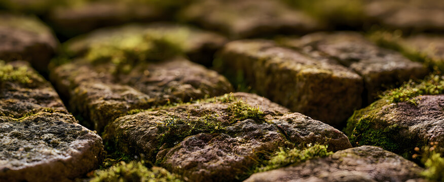 A close look at the weathered square stones reveals a natural patchwork quilt, adorned with whispers from moss.