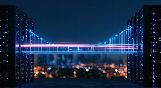 Digital data flow connecting server racks over a blurred cityscape at night