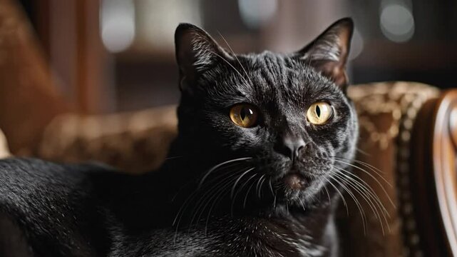 Black cat with amber eyes relaxing on a patterned chair in a dimly lit room looking up thoughtfully