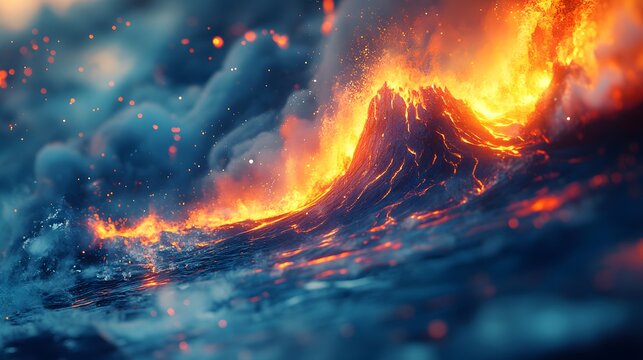 Dramatic cinematic book cover design featuring a fiery volcano erupting into ocean waters with glowing lava and explosive smoke. High contrast, dynamic lighting, surreal natural disaster scene.
