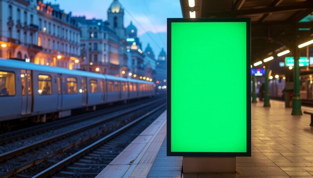 Green screen billboard at metro station. Digital advertising display in smart city transit.