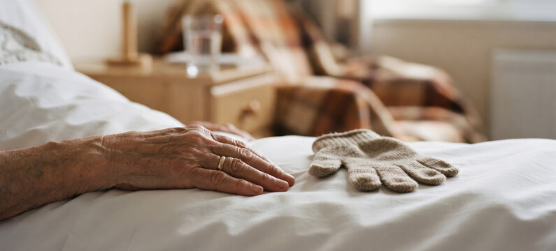 Elderly Patient's Hand Resting on a Bed Beside Gloves Symbolizing End-of-Life Care, Compassion and Dignity