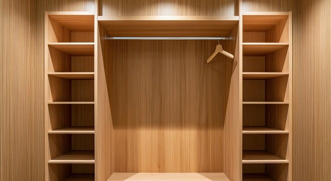 Empty wooden closet with shelves and a single hanger