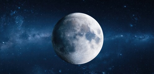 Fototapeta premium A bright, textured full moon hangs in the deep blue, star-speckled expanse