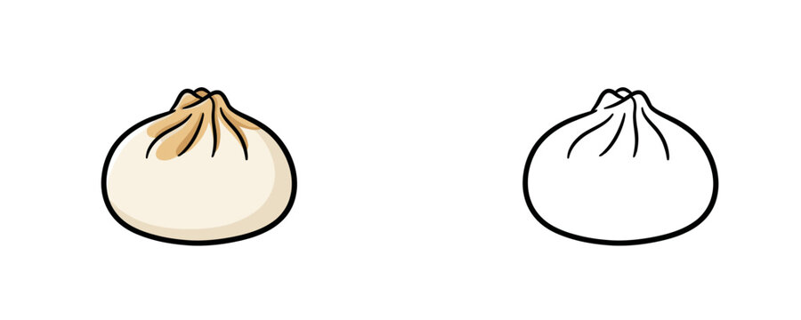 Steamed bao dumpling bun in flat color and black line cartoon style, off white and beige colors, used for Asian restaurant menu design on white background
