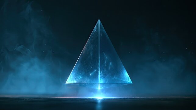 Crystalline, glowing pyramid emerges from mystical blue light and smoke