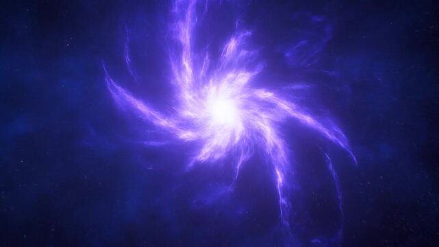 Tracking shot of swirling purple energy vortex rotating and expanding around glowing core in deep space cosmic cloud slow motion spiral of luminous filaments