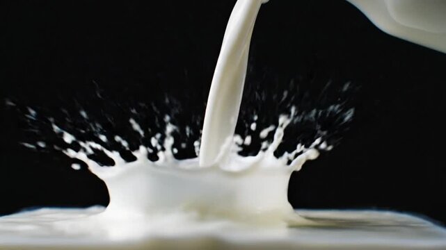 Close up slow motion pouring white milk creating splash in front of black background
