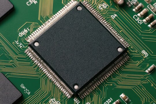 Macro shot of a dark square central processing unit on a green circuit board