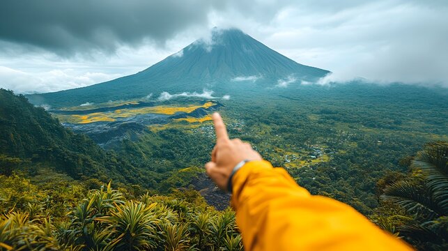 Close-up of a climber's hand pointing toward a lush green valley with a majestic volcano in the background, symbolizing sustainable tourism adventure and natural exploration.