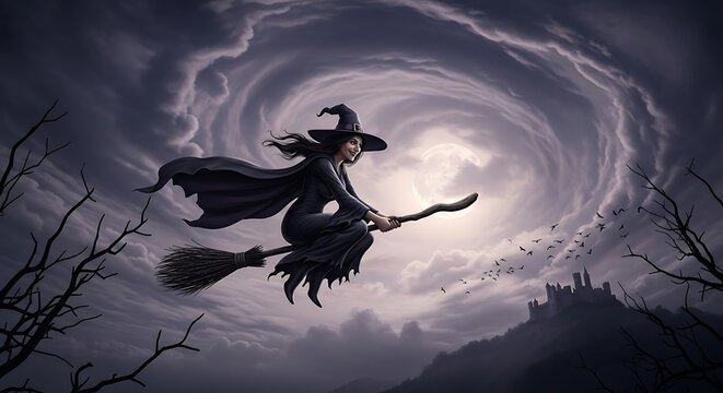 A mystical witch flies across a stormy night sky riding her wooden broomstick toward a distant castle silhouette while dark clouds swirl overhead during an eerie supernatural autumn festival