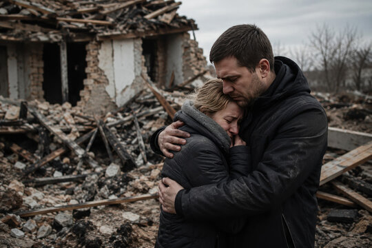 Grieving Couple Embracing Beside Destroyed Home After War Disaster