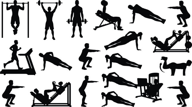 Gym workout silhouette collection featuring people training lifting weights running pushing up and squatting in diverse poses vector illustration set.