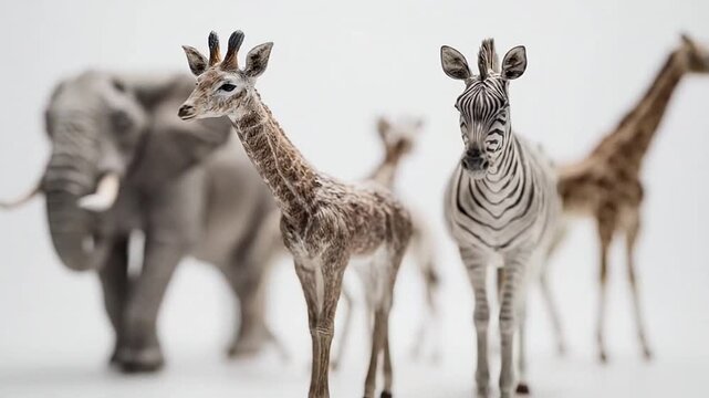 Miniature plastic figurines of African safari animals.