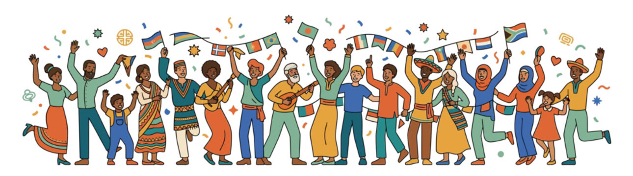 Diverse group of happy people celebrating with international flags