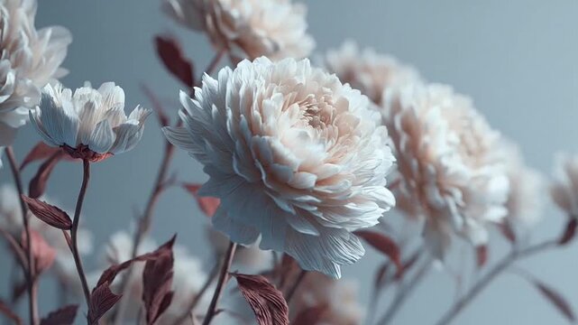 Macro view of white blooming flowers in soft light.