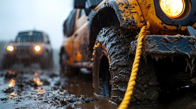 Close-up of rugged winch pulling stuck off-road vehicle through muddy terrain with rain, showcasing heavy-duty recovery equipment and challenging outdoor conditions for adventure or rescue scenarios.