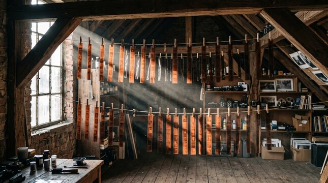 Vintage film negatives hanging in a sunlit darkroom workshop