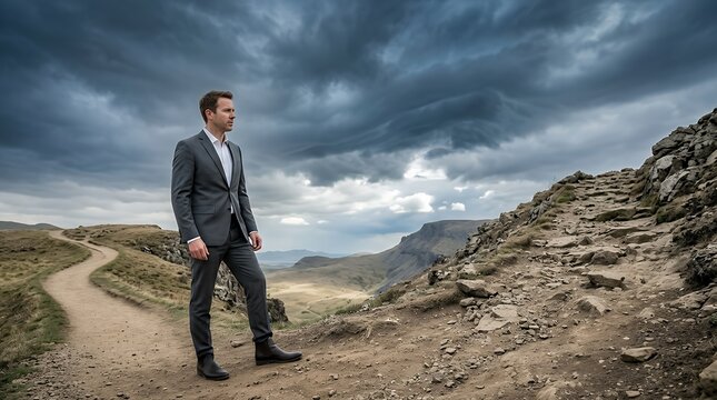 Business Professional Choosing Between Easy or Hard Path: Decision Maker Confronted with Two Directions Under Stormy Clouds Background Symbolizing Challenge and Opportunity arrow business choose easy